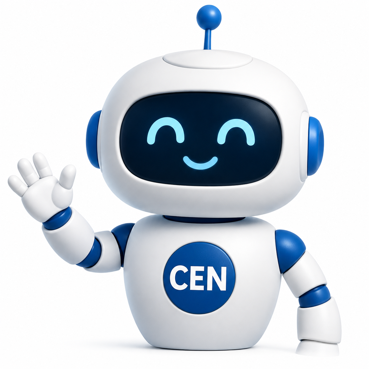 Mascote do CEN, um robô branco e azul acenando
